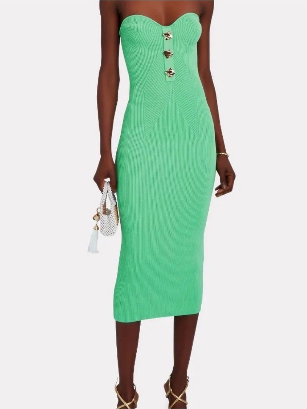 SELF PORTAIT Strapless Mint Green Ribbed Midi Dress